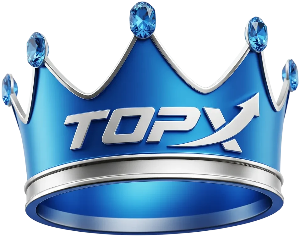 Coroa azul com o logotipo TopX, elemento visual da marca