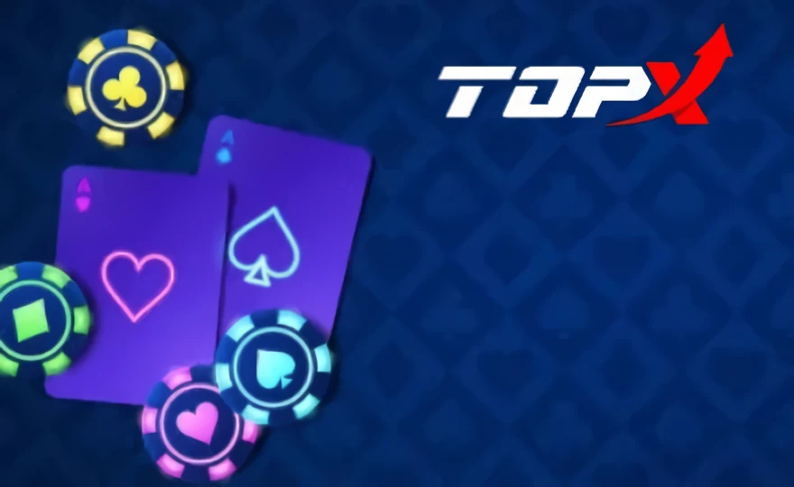 Cartas e fichas sobre fundo azul, imagem de marca da TopX