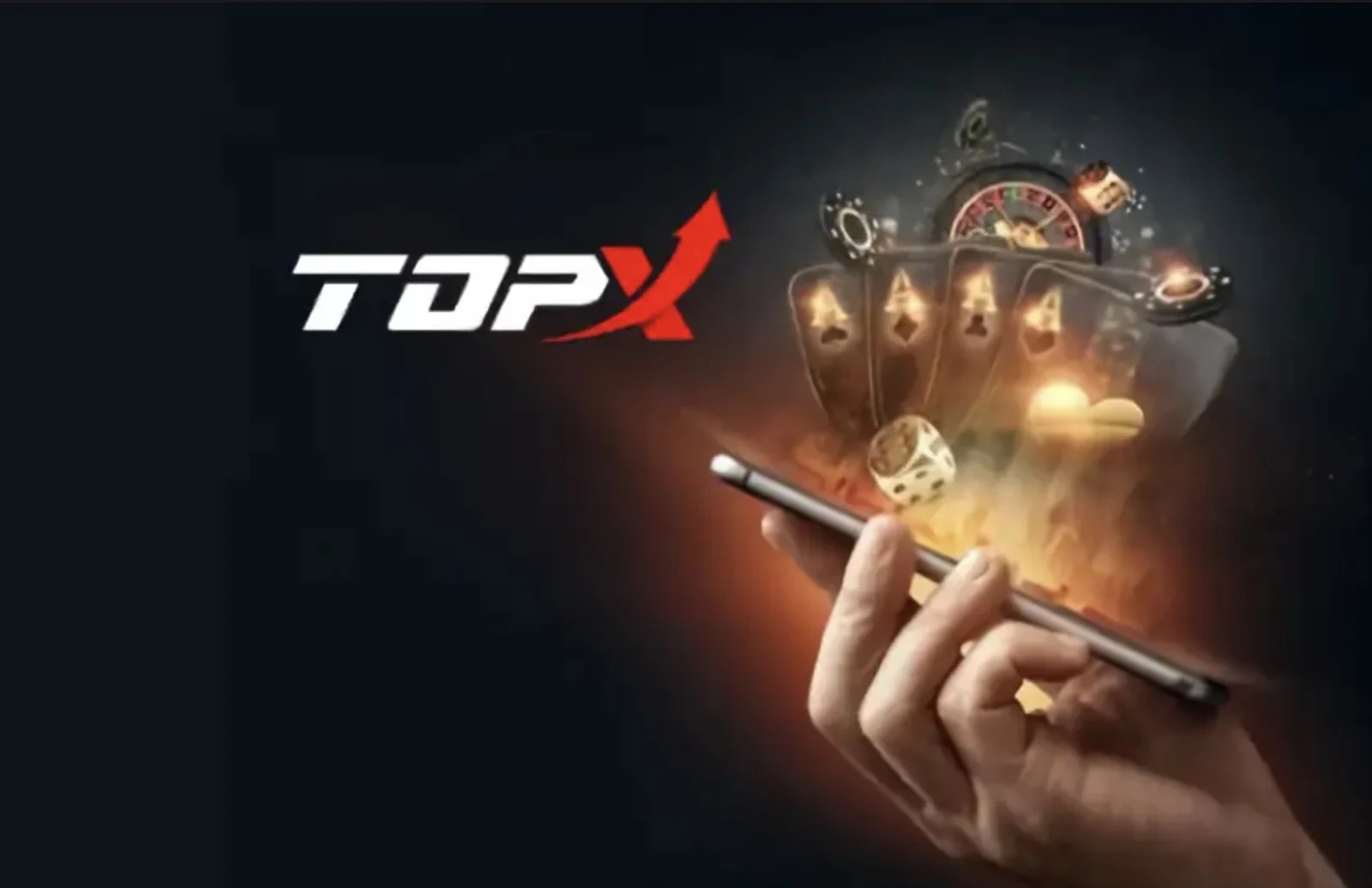 Celular nas mãos com cartas ao fundo, imagem de marca da TopX
